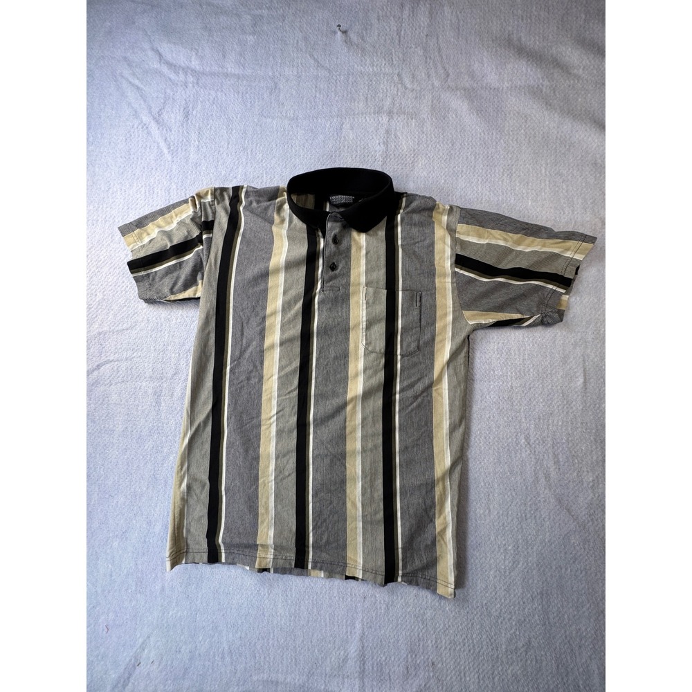 Knightsbridge Mens Vertical Stripe Polo Shirt Grey Black Tan Short Sleeve Medium